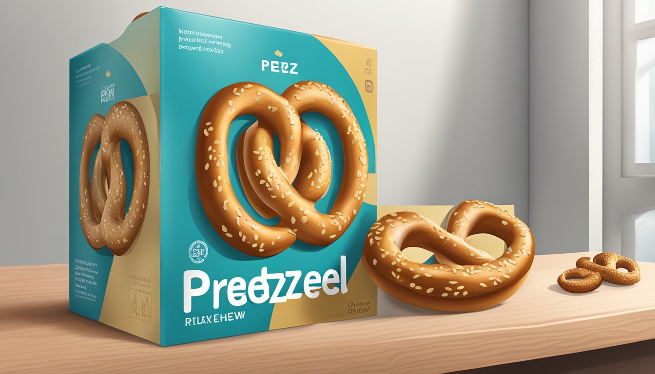 A pretzel sitting on a clean, modern shelf with packaging indicating a long shelf life