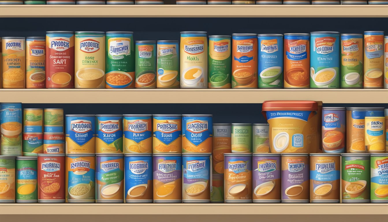 A pantry shelf with neatly arranged cans of Progresso Soup, some showing expiration dates