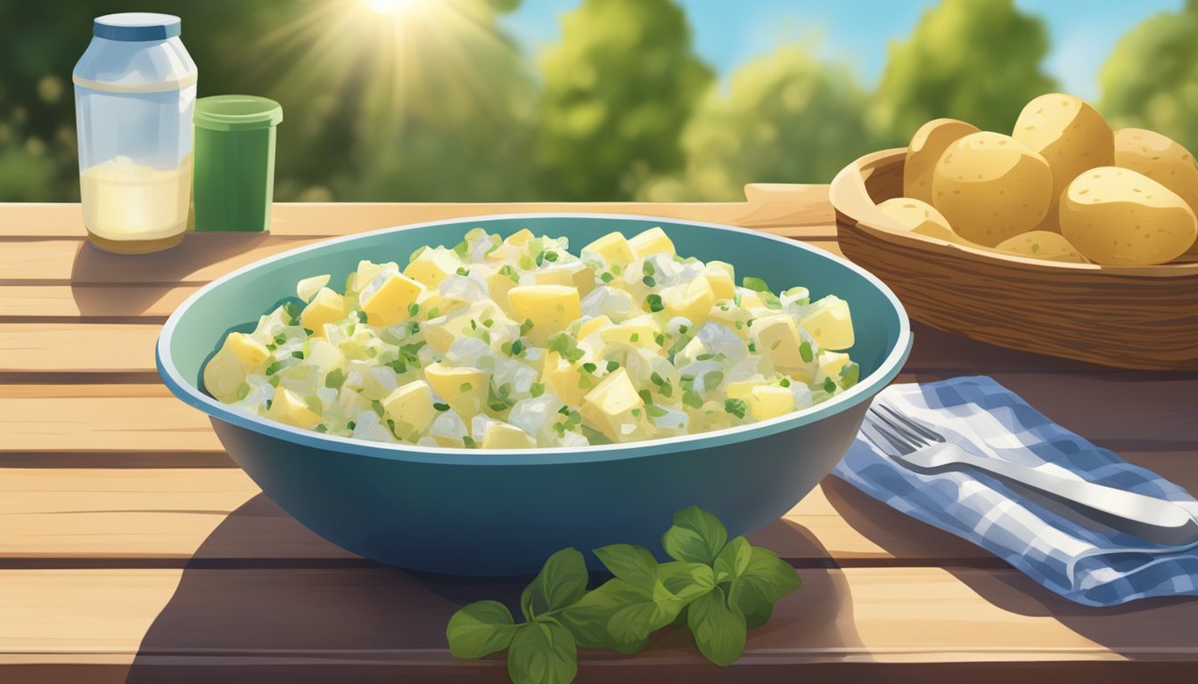 A bowl of potato salad sits on a picnic table outdoors, covered with plastic wrap. The sun shines down on the table, creating a warm and inviting atmosphere