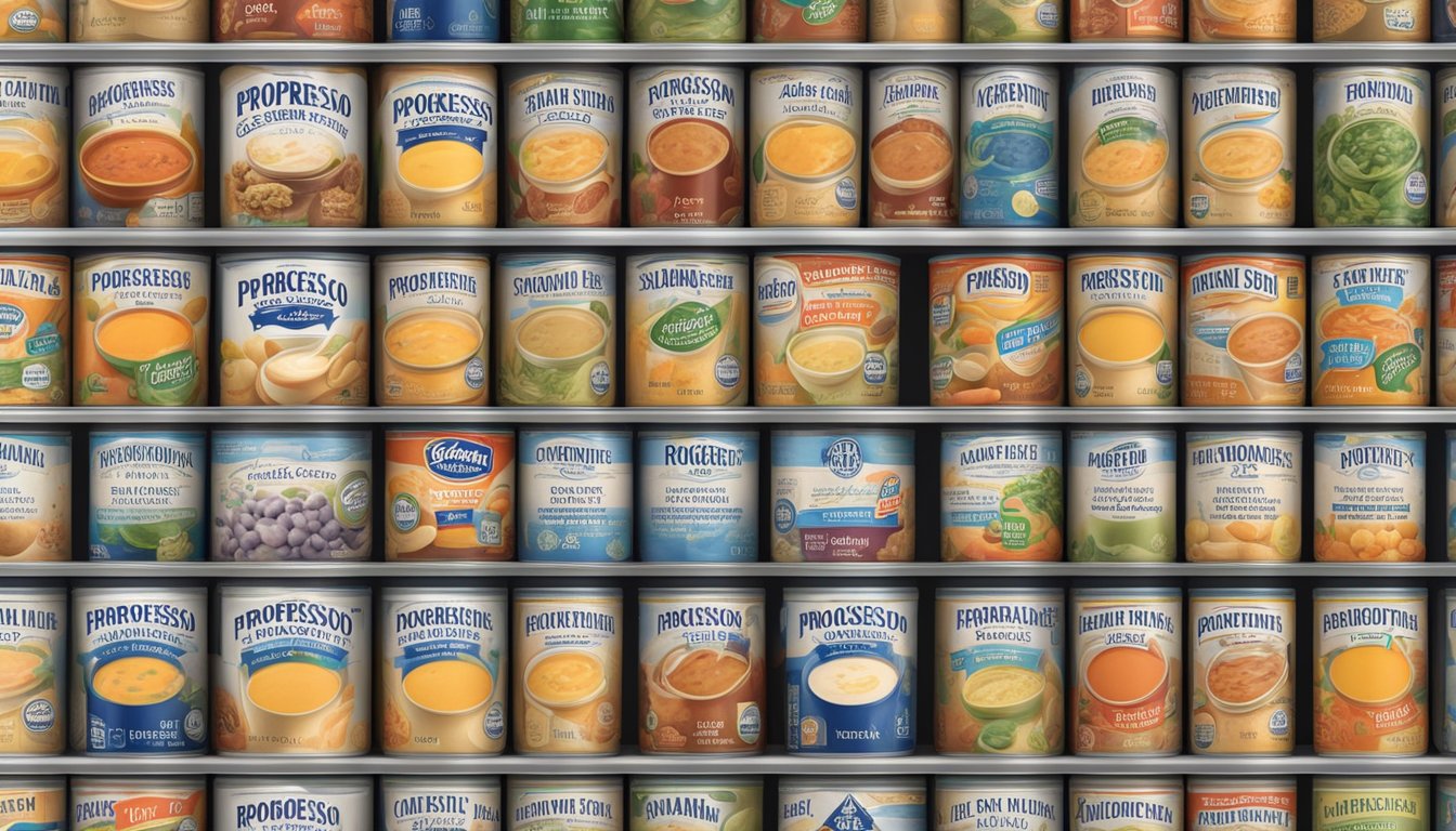 A pantry shelf with rows of canned Progresso Soups, some with expiration dates visible