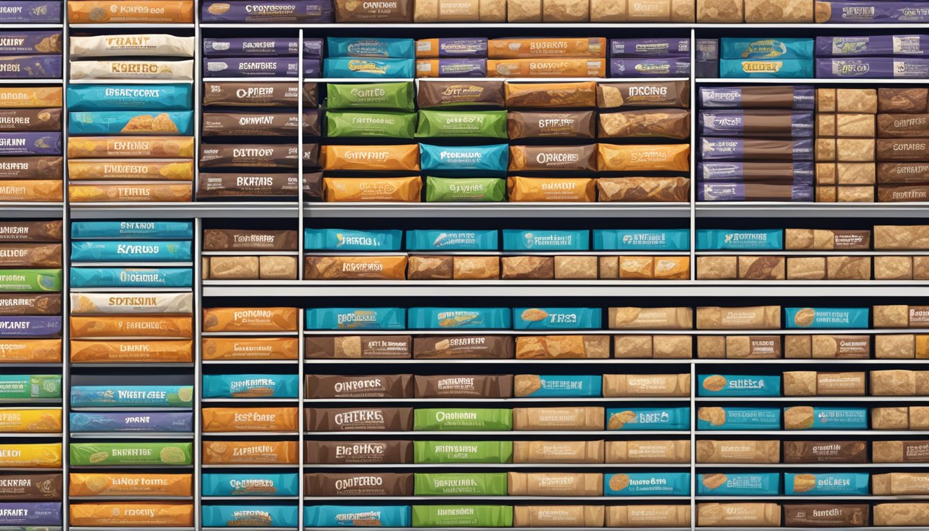 A shelf with various protein bars of different brands and flavors, arranged neatly in rows with expiration dates clearly visible