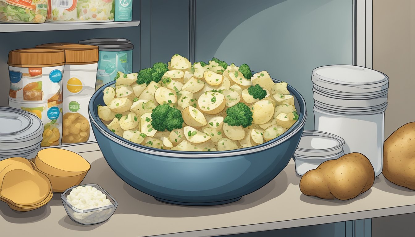 A bowl of potato salad sits on a shelf in a refrigerator, surrounded by other food items