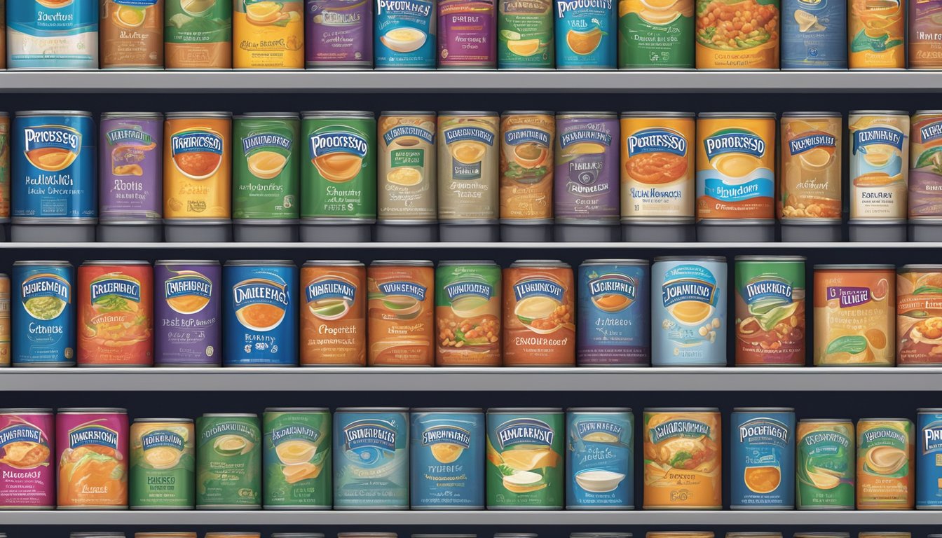 A pantry shelf filled with colorful Progresso soup cans, each featuring a different specialty variety, neatly organized and ready to be enjoyed