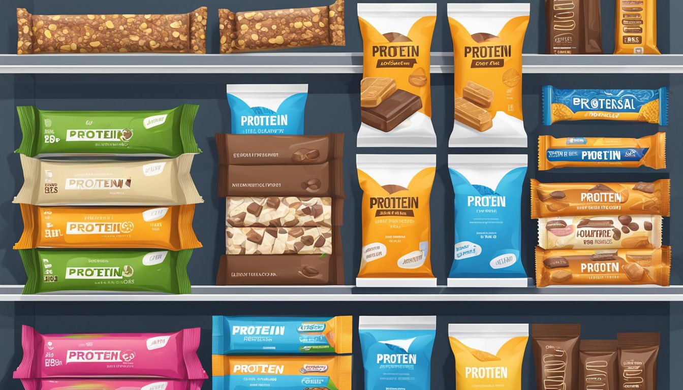 A shelf with protein bars in sealed wrappers, stored in a cool, dry pantry