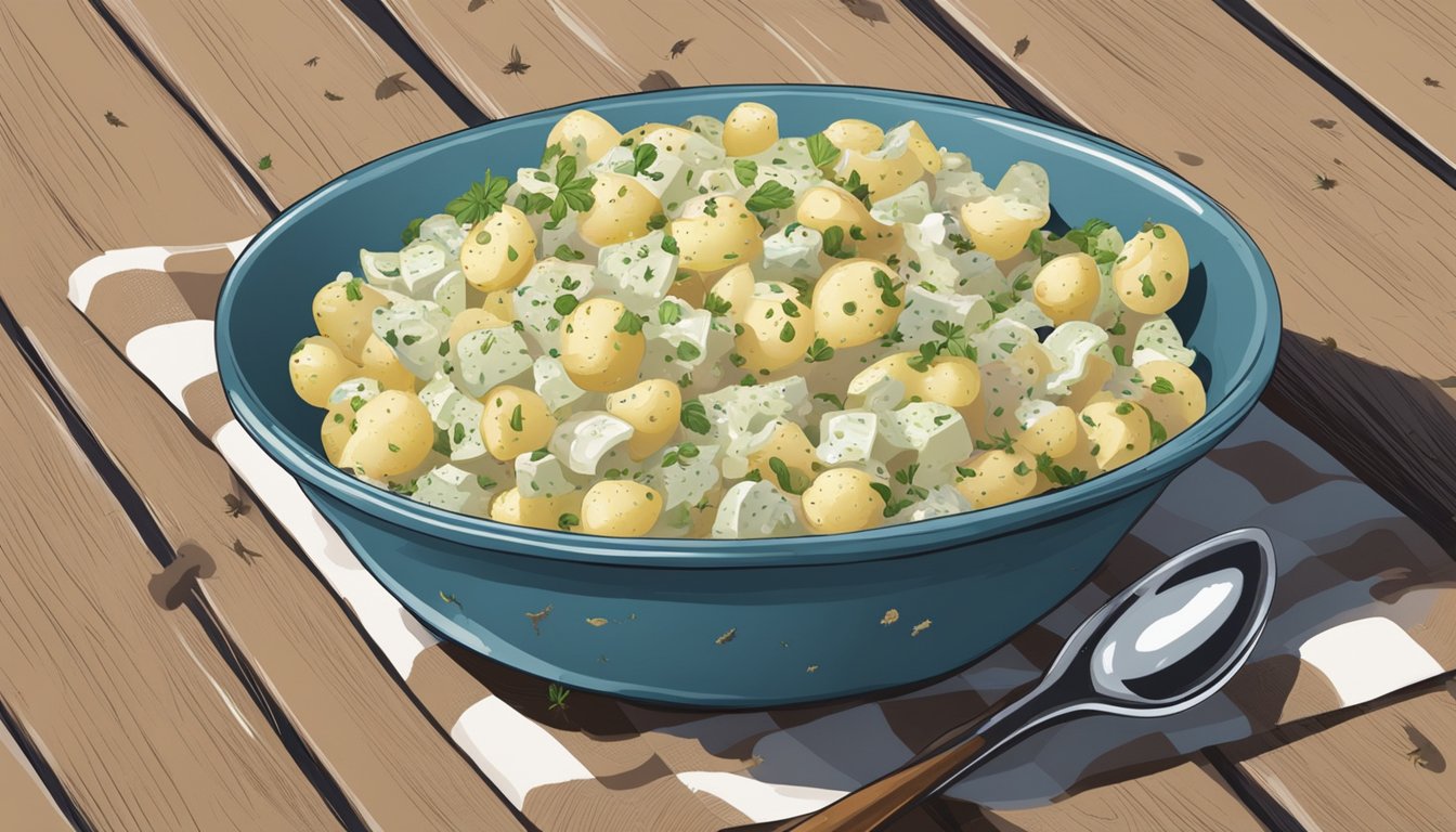 A bowl of potato salad sits on a picnic table, surrounded by flies and showing signs of spoilage