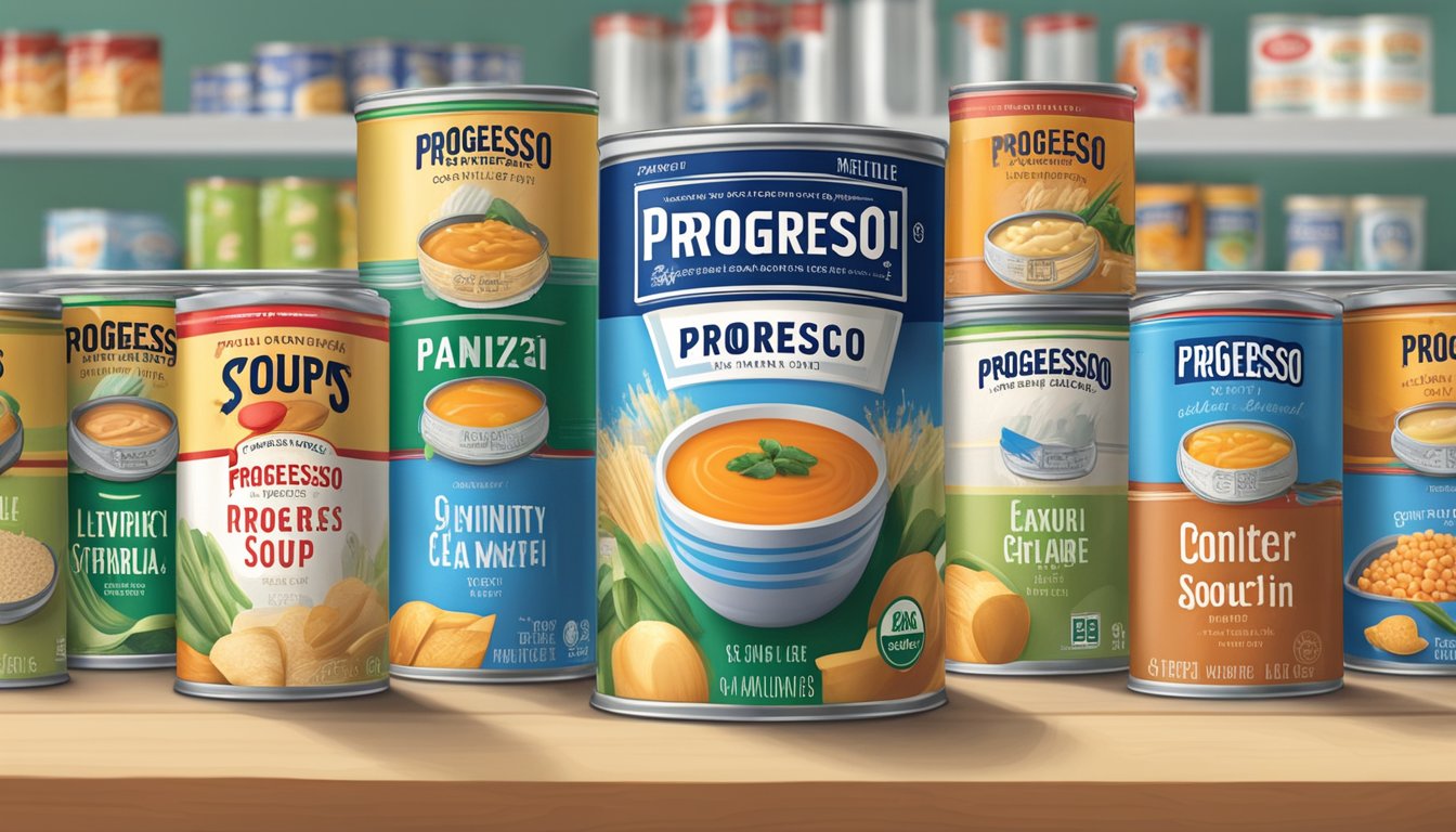 A can of Progresso Soup sits on a pantry shelf, surrounded by other canned goods. The expiration date is visible on the label