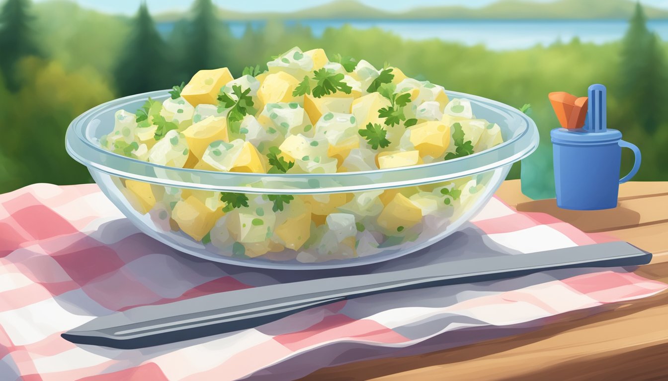 A bowl of potato salad sits on a picnic table, covered with plastic wrap. A thermometer reads the temperature of the salad