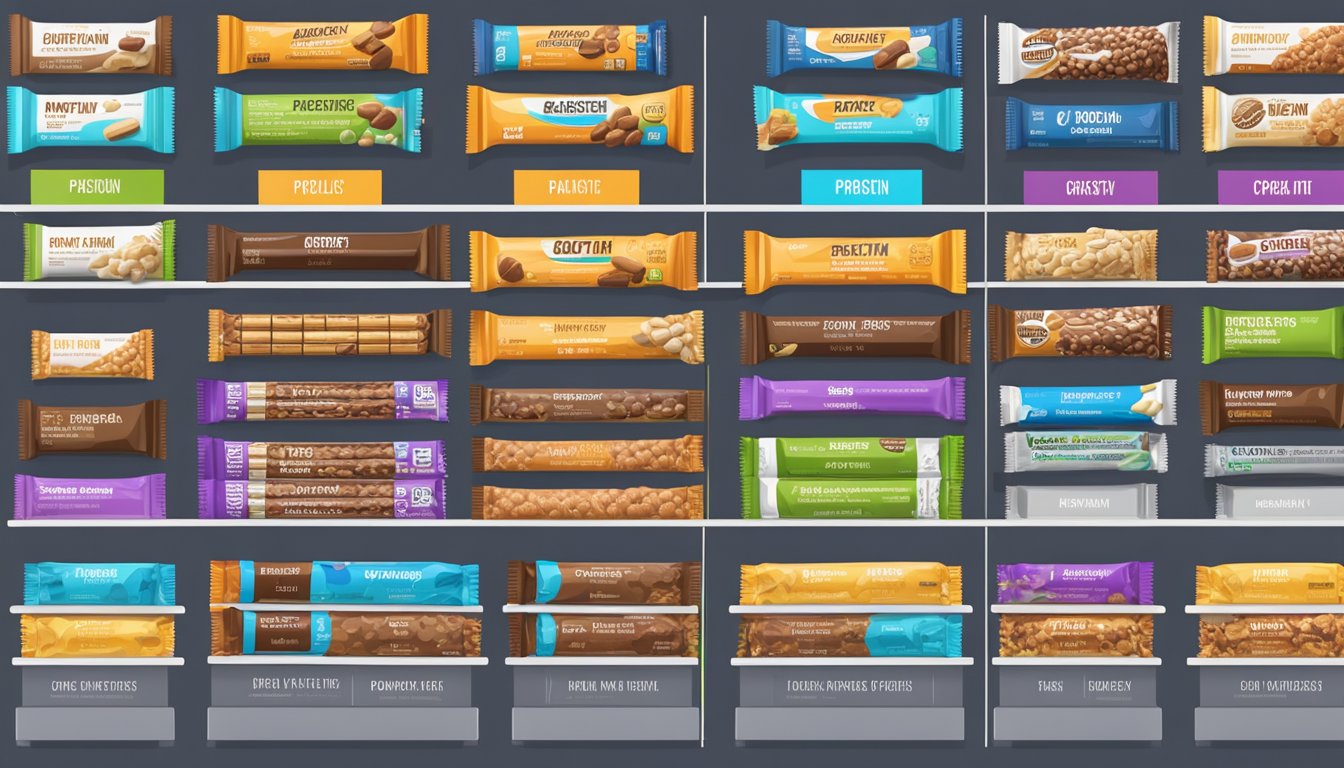 A variety of protein bars arranged on a shelf, some wrapped in colorful packaging, with different types of protein listed on the labels