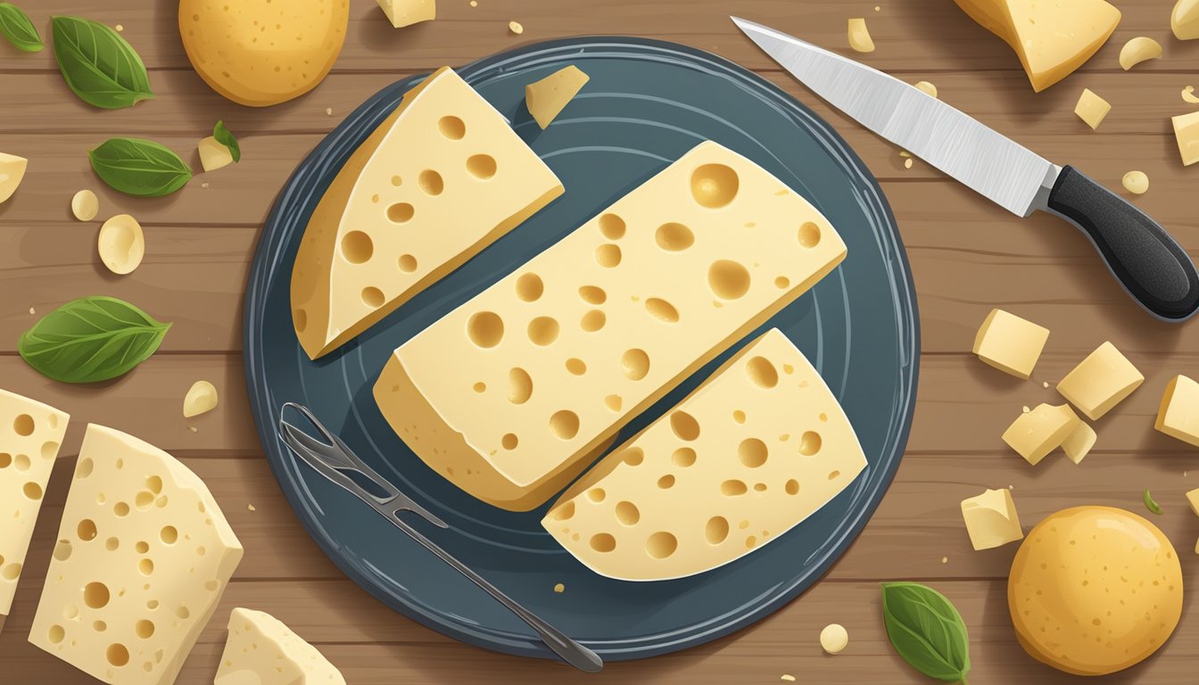 A block of provolone cheese sits on a wooden cutting board next to a knife. The cheese is wrapped in plastic and surrounded by a few scattered crumbs