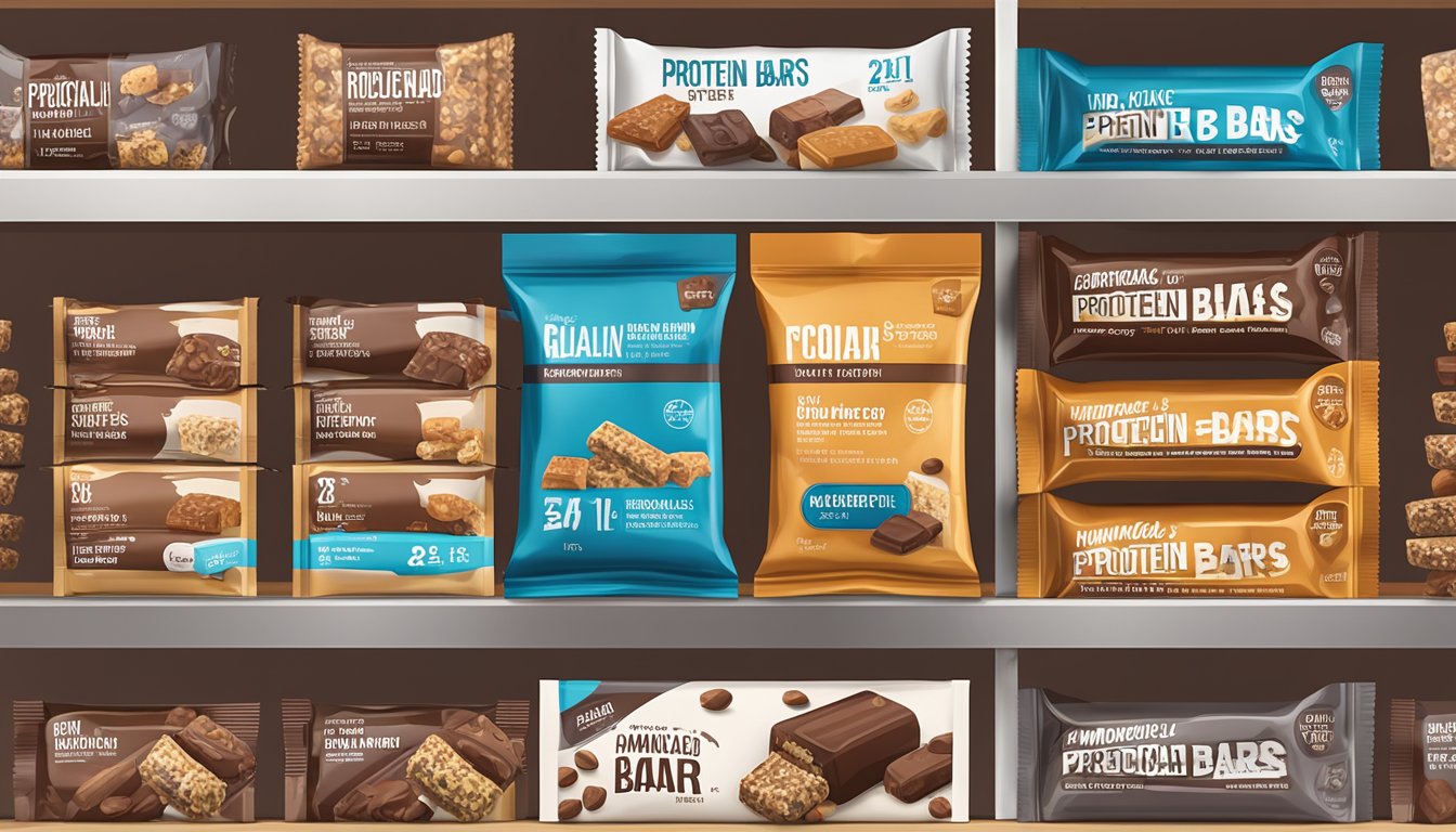 A shelf with homemade and commercial protein bars, some wrapped in foil, others in packaging, with expiration dates visible