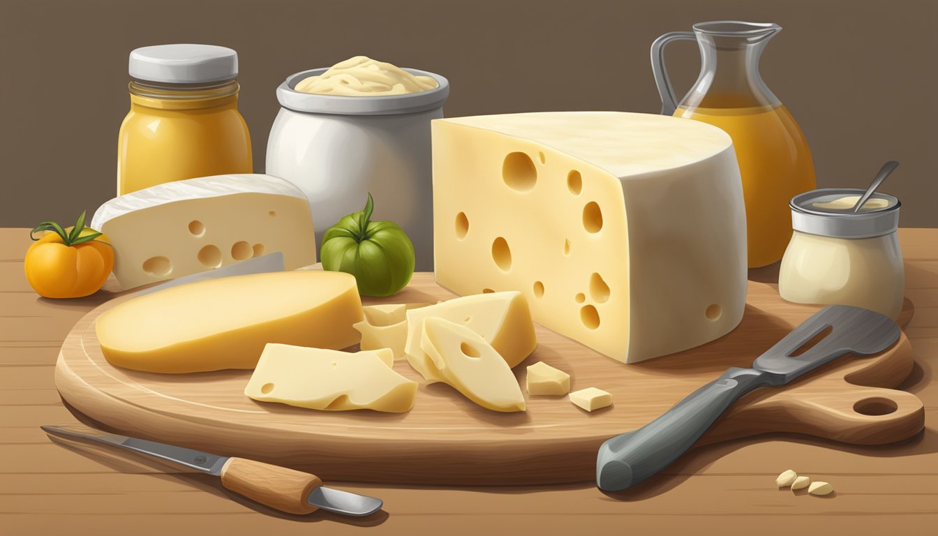 A block of provolone cheese sits on a wooden cutting board, surrounded by various kitchen utensils and ingredients. The cheese is partially unwrapped, showing its smooth, pale yellow surface