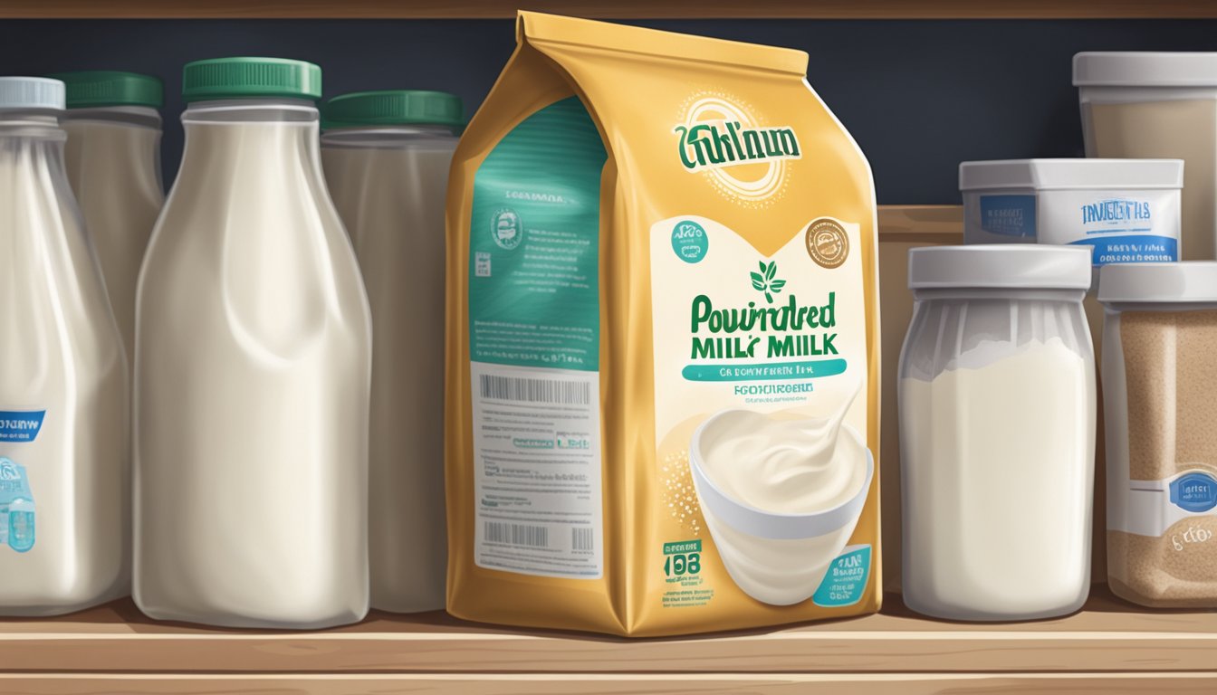 A sealed bag of powdered milk sits on a pantry shelf, expiration date clearly visible