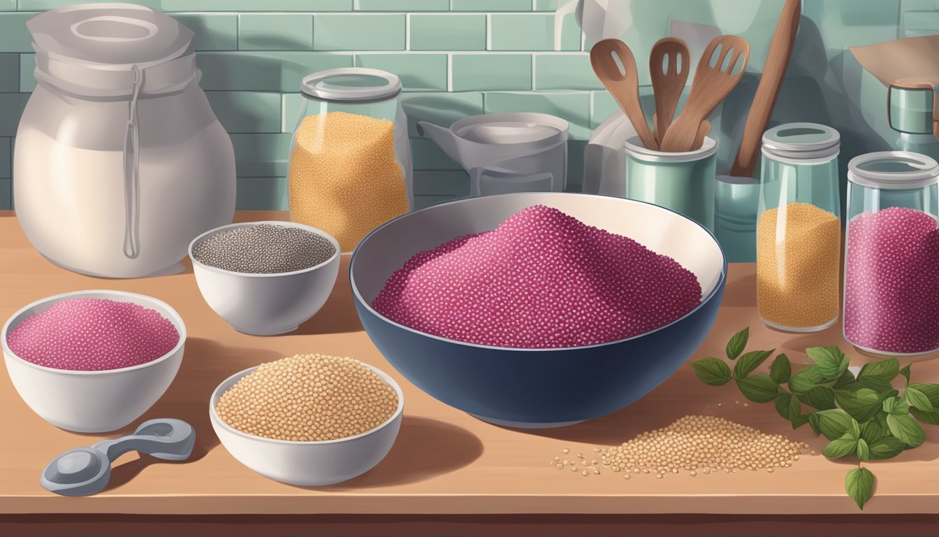 A bowl of puffed amaranth sits on a kitchen counter, surrounded by measuring cups and a bag of amaranth seeds