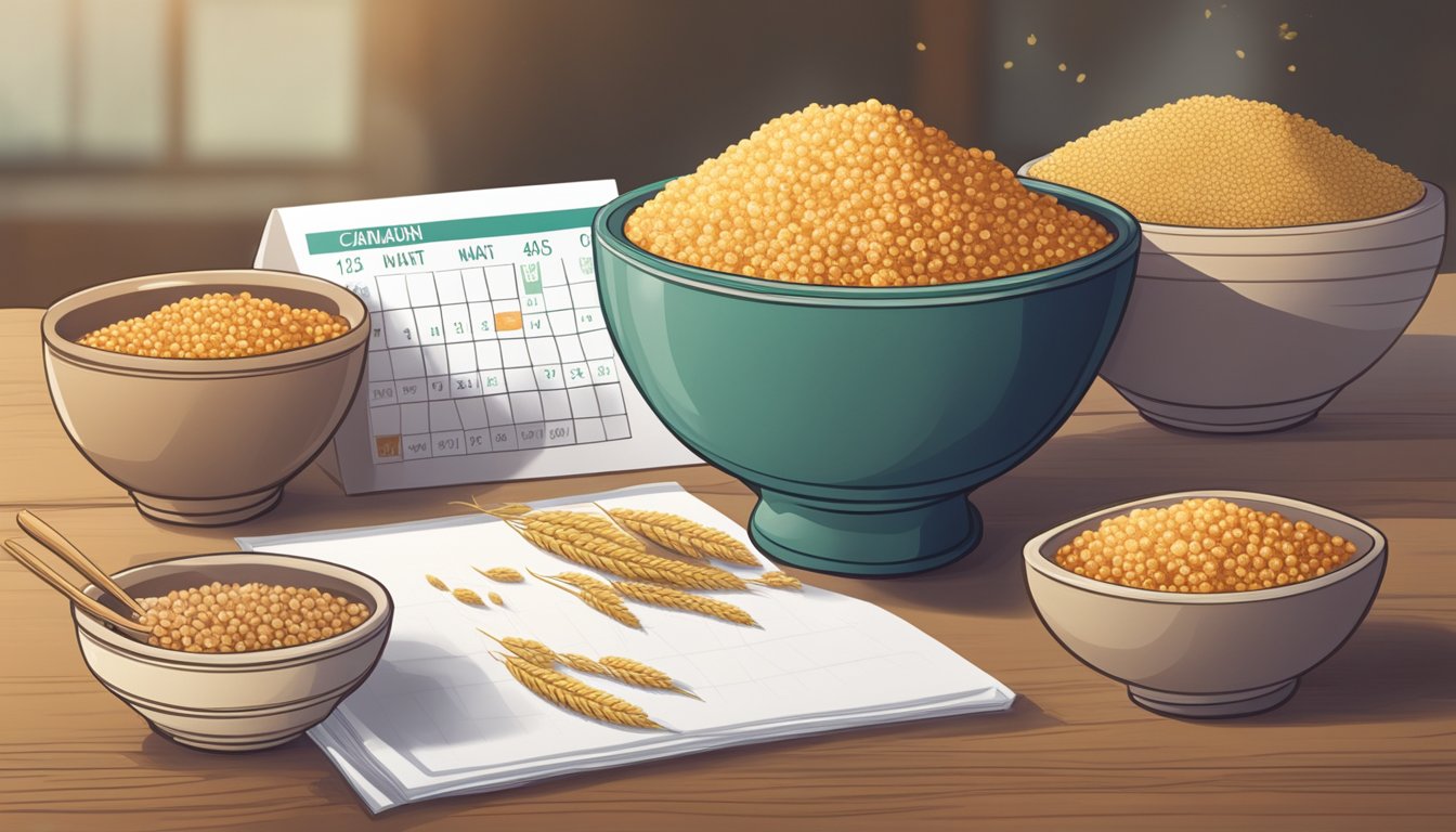 A bowl of puffed amaranth sits next to bowls of other grains, with a calendar showing the current date in the background