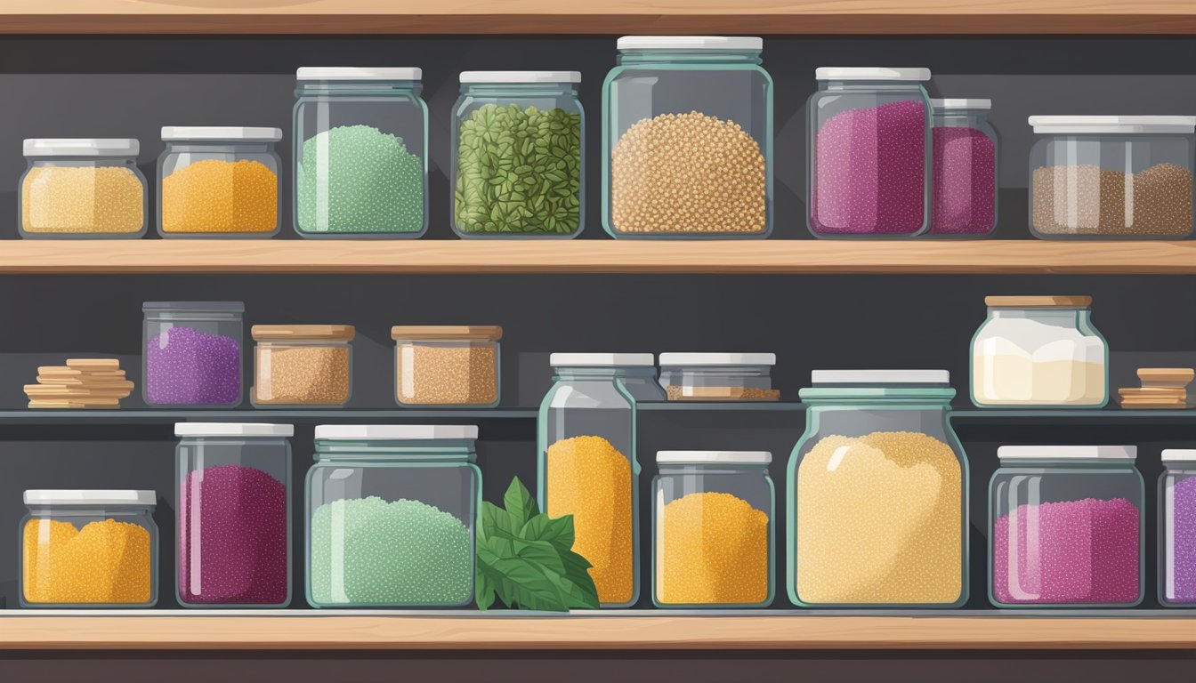 A sealed glass jar filled with puffed amaranth sitting on a pantry shelf, surrounded by other neatly organized dry goods