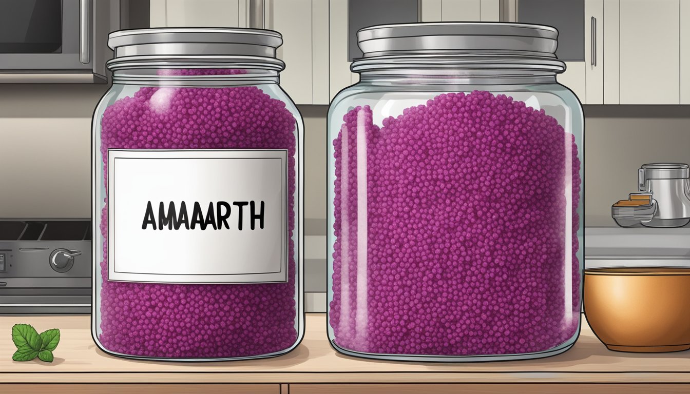 A glass jar filled with puffed amaranth sits on a kitchen counter, with a label indicating the date it was opened