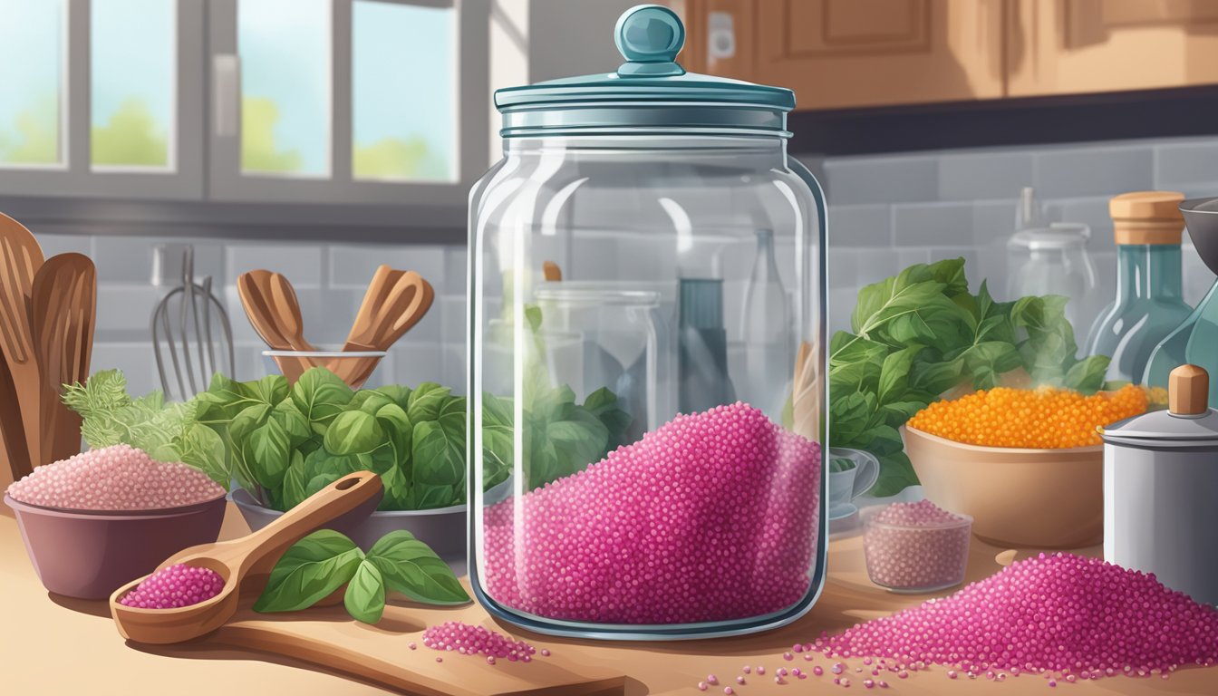 A glass jar filled with puffed amaranth sits on a kitchen counter, surrounded by various cooking utensils and ingredients