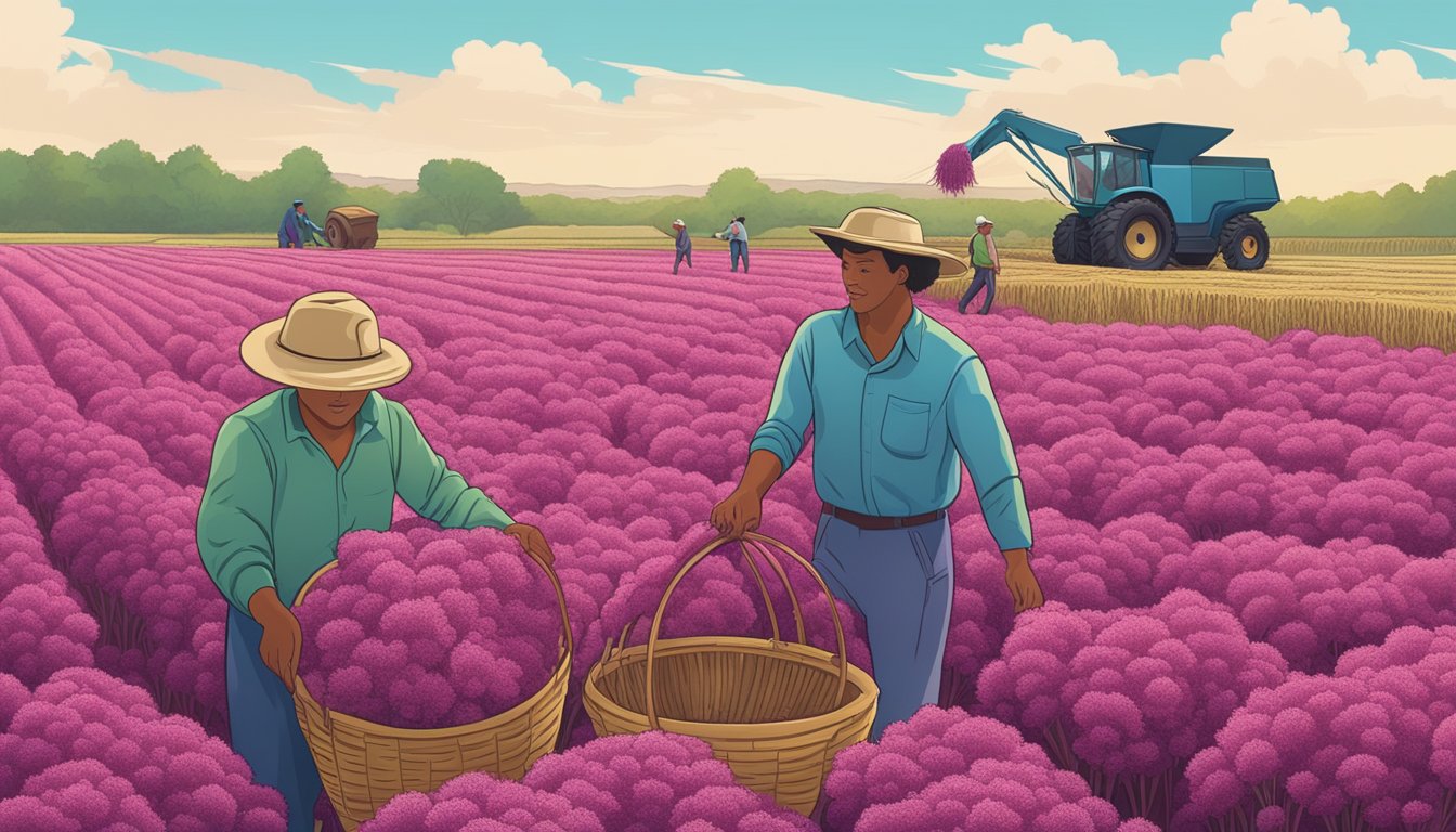 A field of mature amaranth plants being harvested by workers with baskets of puffed amaranth in the background