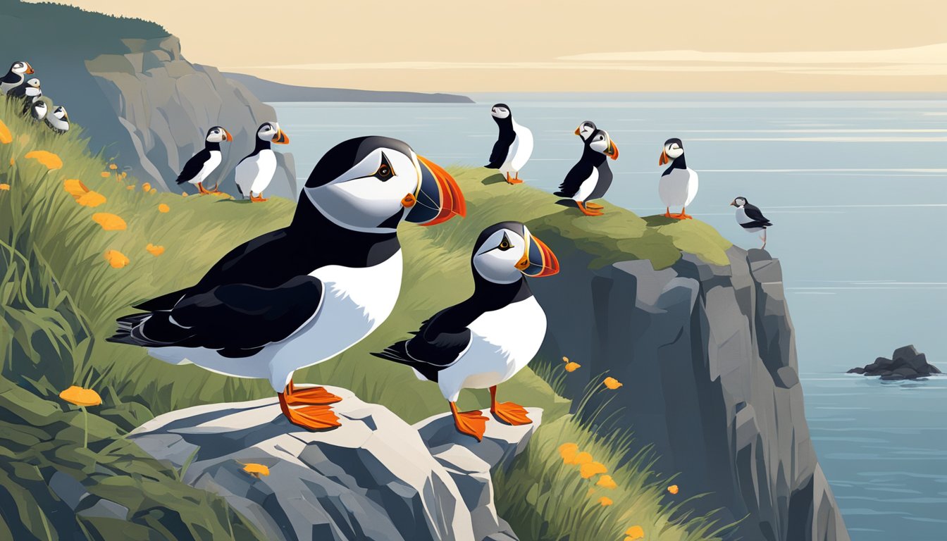 A puffin perched on a rocky cliff, surrounded by other puffins in a coastal habitat