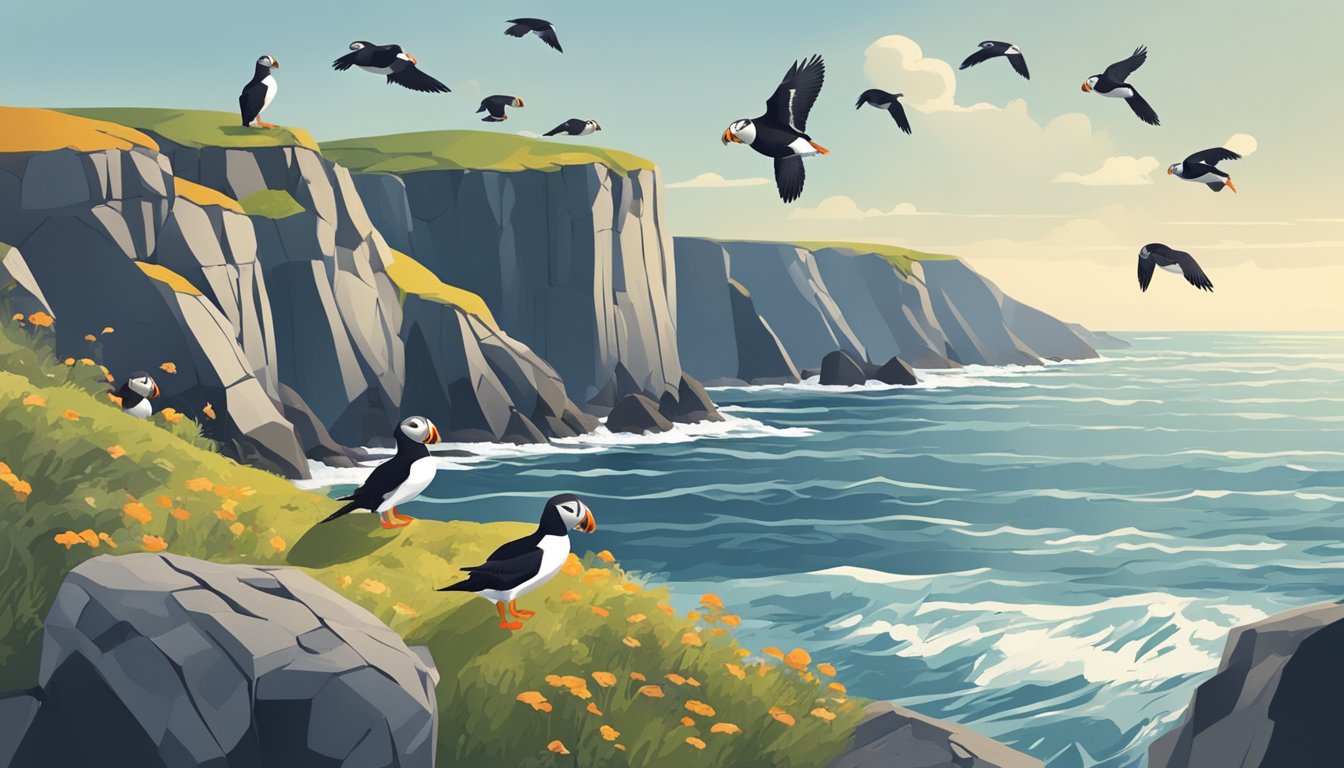 A rocky coastal cliff with a colony of puffins nesting and flying around, with the ocean in the background