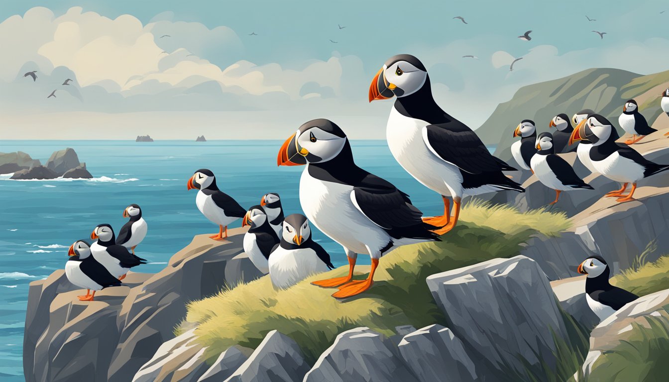 A puffin perched on a rocky cliff, surrounded by other seabirds, with the ocean in the background