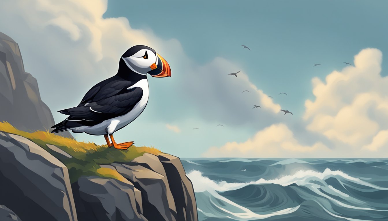 A puffin perched on a rocky cliff, surrounded by crashing waves and a cloudy sky, scanning the horizon for its next meal