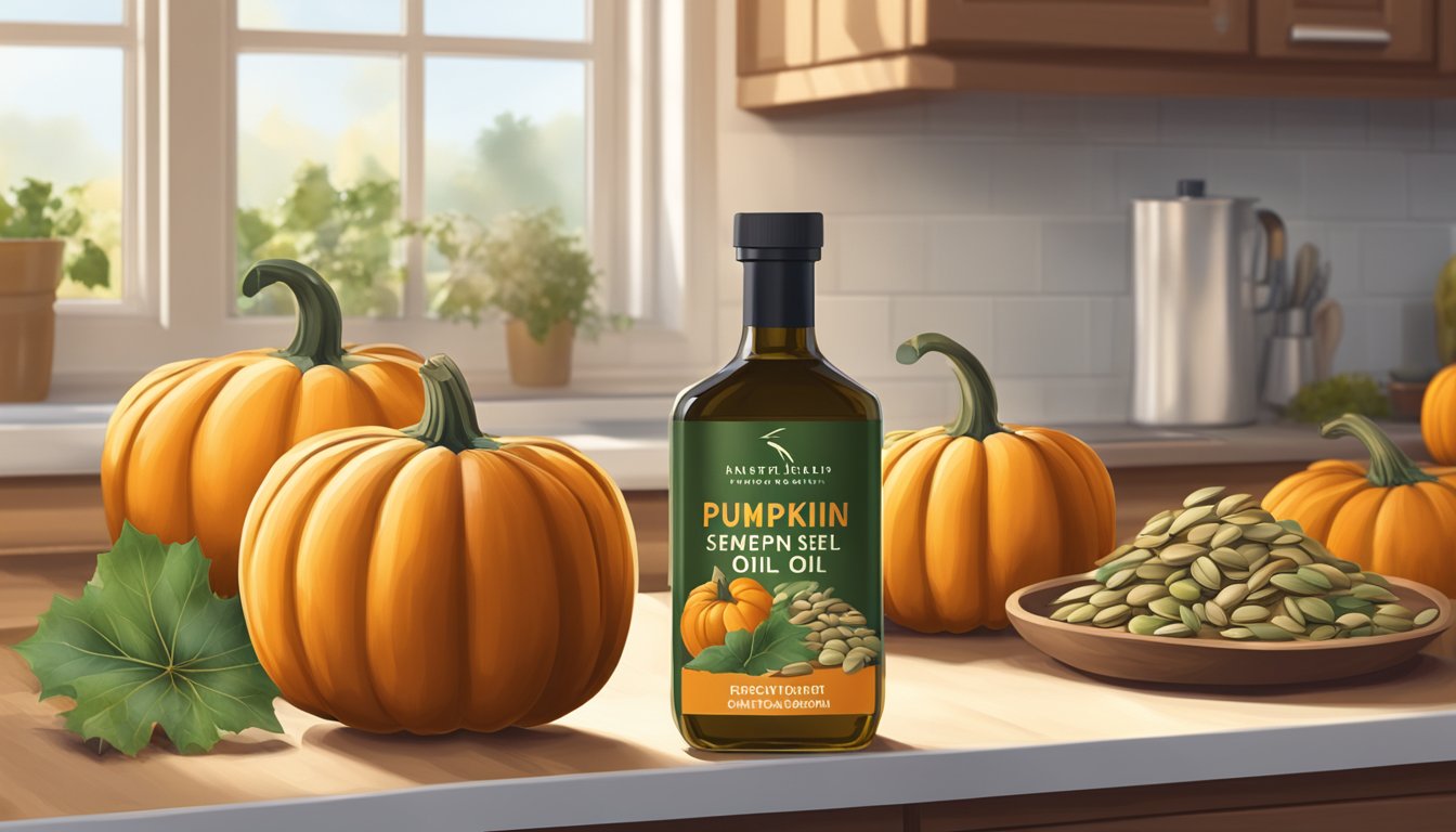 A bottle of pumpkin seed oil sits on a kitchen counter, surrounded by freshly harvested pumpkins. The oil is rich and golden, with a label displaying its nutritional profile