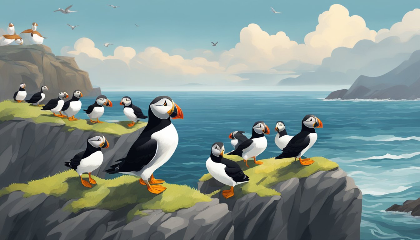 A puffin stands on a rocky cliff, surrounded by other puffins. The ocean stretches out behind them, and the sky is filled with clouds