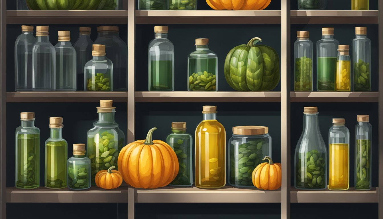 A glass bottle of pumpkin seed oil sits on a shelf in a cool, dark pantry, away from direct sunlight and heat sources