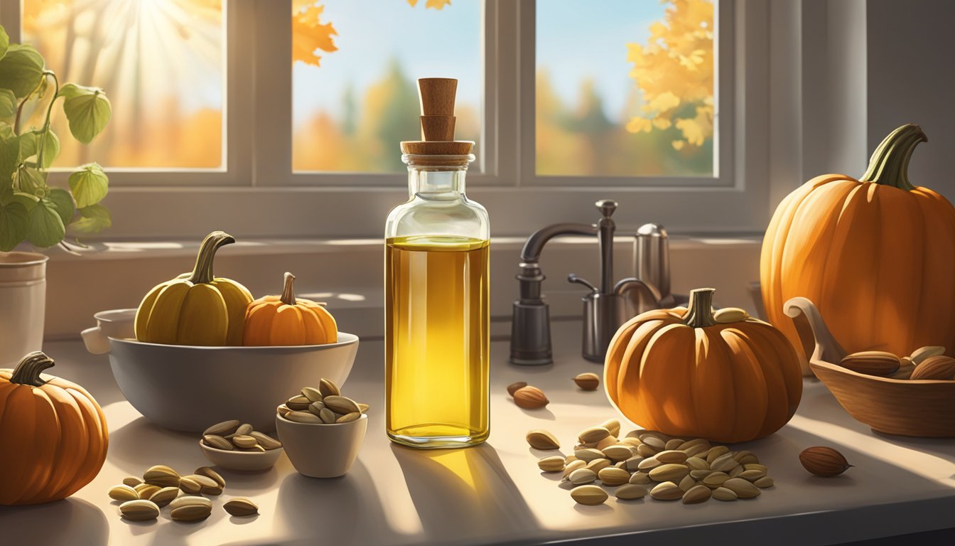 A bottle of pumpkin seed oil sits on a kitchen counter, surrounded by fresh pumpkins and various nuts and seeds. Sunlight streams in through a nearby window, casting a warm glow over the scene