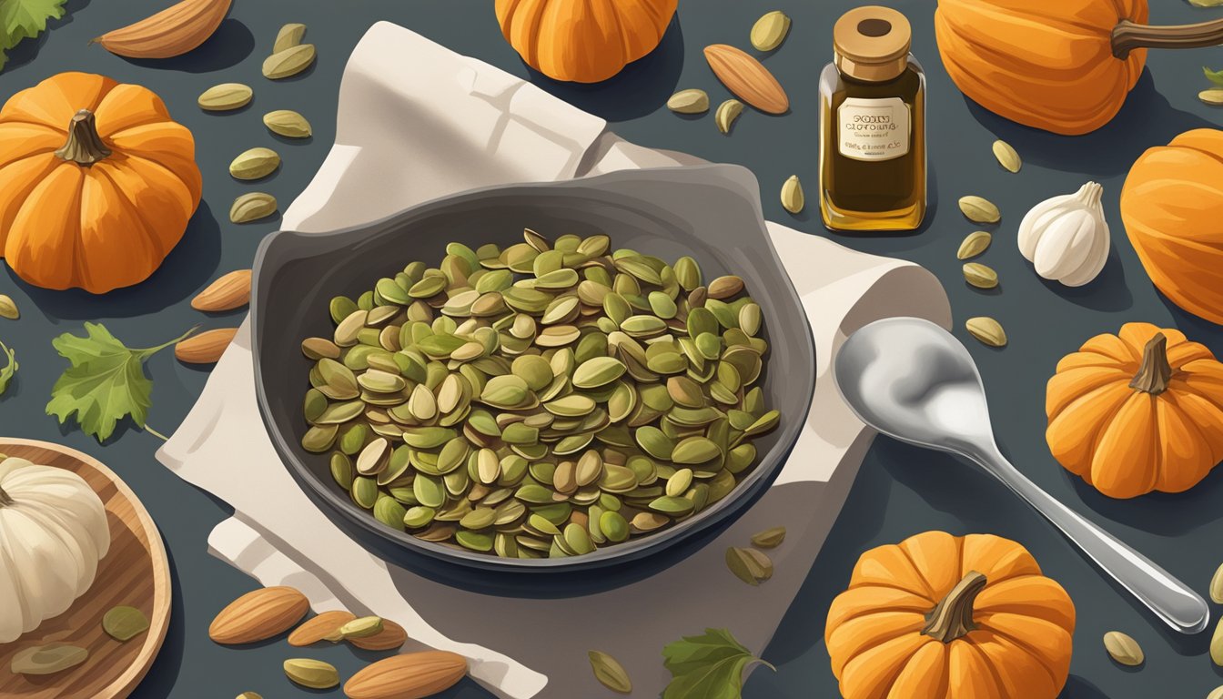 A bottle of pumpkin seed oil sits on a kitchen counter, surrounded by fresh pumpkins and various cooking utensils. The oil is being drizzled onto a salad, adding a rich, nutty flavor