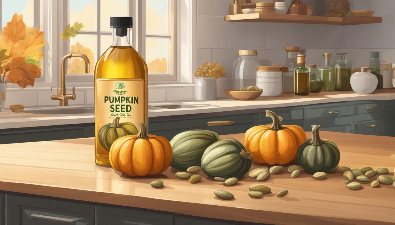 A bottle of pumpkin seed oil sits on a kitchen counter, surrounded by various types of pumpkins. The oil is golden and translucent, with a rich, nutty aroma