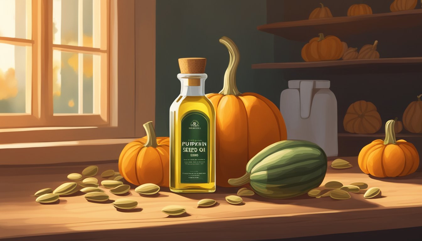 A bottle of pumpkin seed oil sits on a wooden shelf, surrounded by dried pumpkin seeds and fresh pumpkins. The warm glow of sunlight streams in through a nearby window