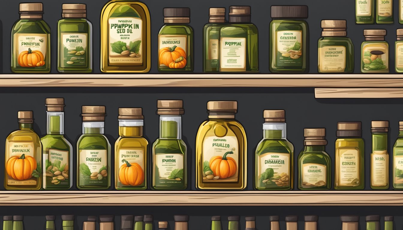 A bottle of pumpkin seed oil sits on a shelf, sealed and labeled with an expiration date. A quality control inspector checks the oil for any signs of spoilage