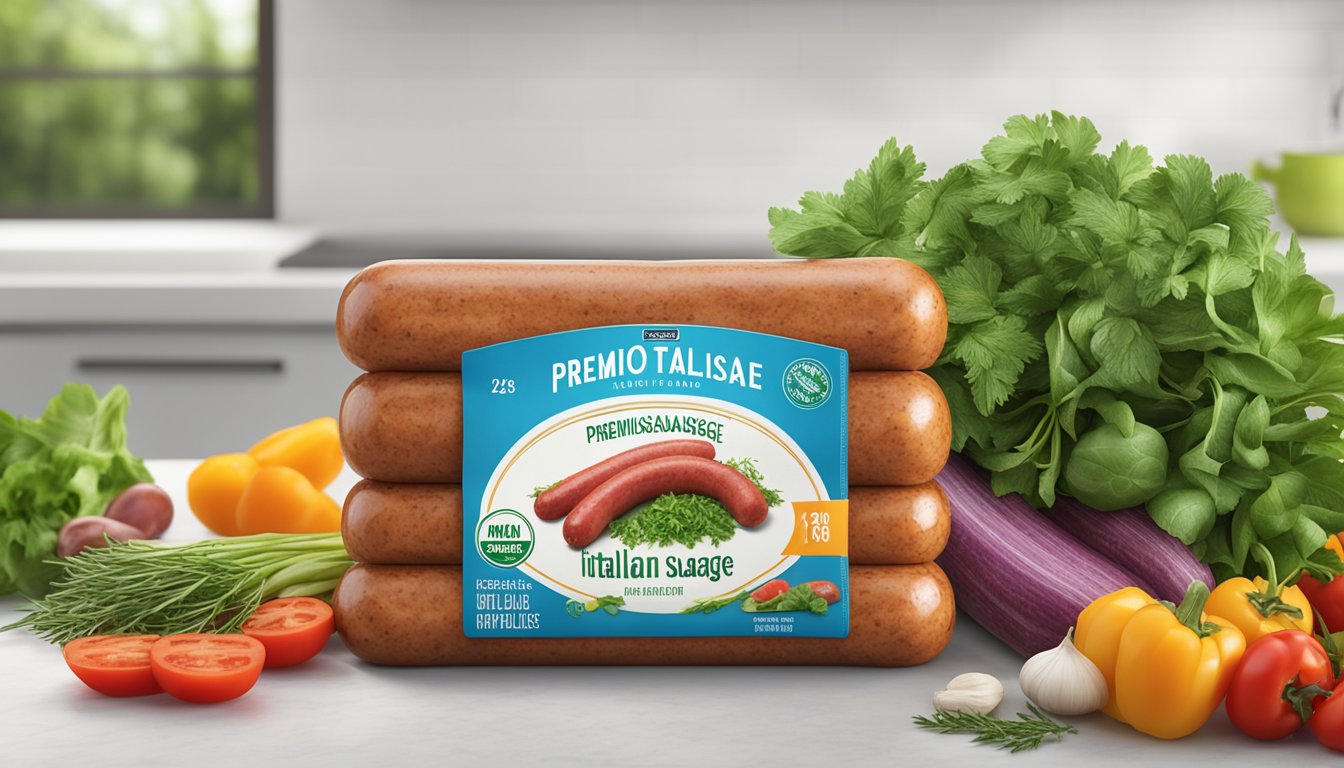 A package of Premio Sweet Italian Sausage sits on a clean, white kitchen counter, surrounded by fresh herbs and colorful vegetables