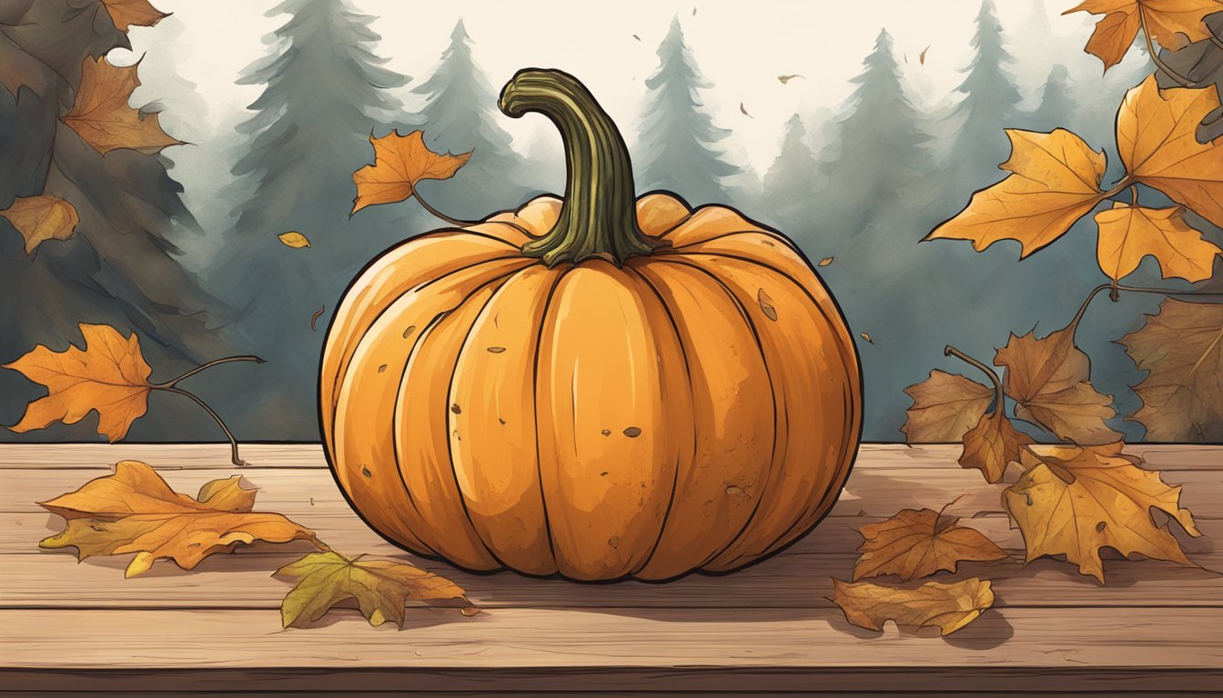 A pumpkin sits on a wooden table, surrounded by fallen leaves. It shows signs of decay, with a slightly shriveled skin and a few small patches of mold