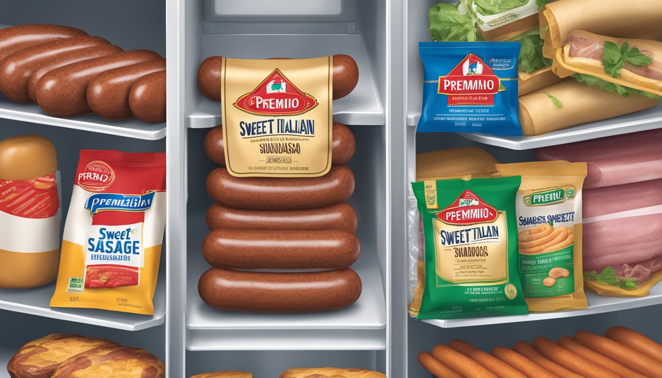 A package of Premio Sweet Italian Sausage sits on a shelf in a refrigerator, surrounded by other food items. The sausage is sealed in a plastic wrapper and labeled with the product name