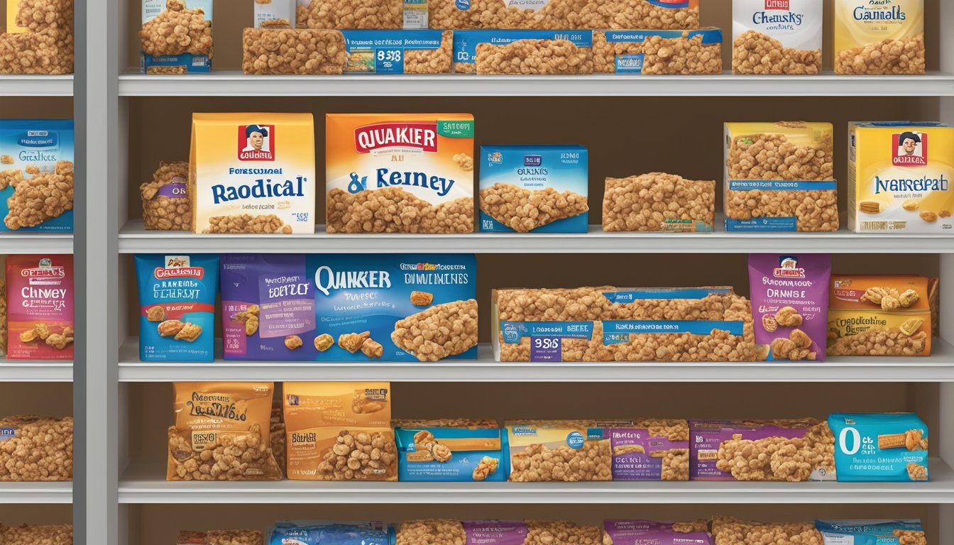 A pantry shelf with a box of Quaker Chewy Granola Bars, surrounded by various expiration date labels and a calendar indicating the current date