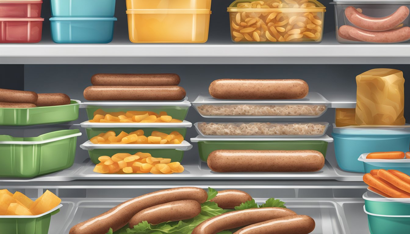 A refrigerator shelf with a container of cooked Premio Sweet Italian Sausage, alongside other leftovers in airtight containers