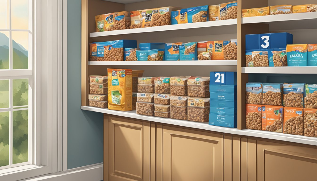 A pantry shelf filled with neatly organized boxes of Quaker Chewy Granola Bars, with a calendar on the wall marking the date of purchase