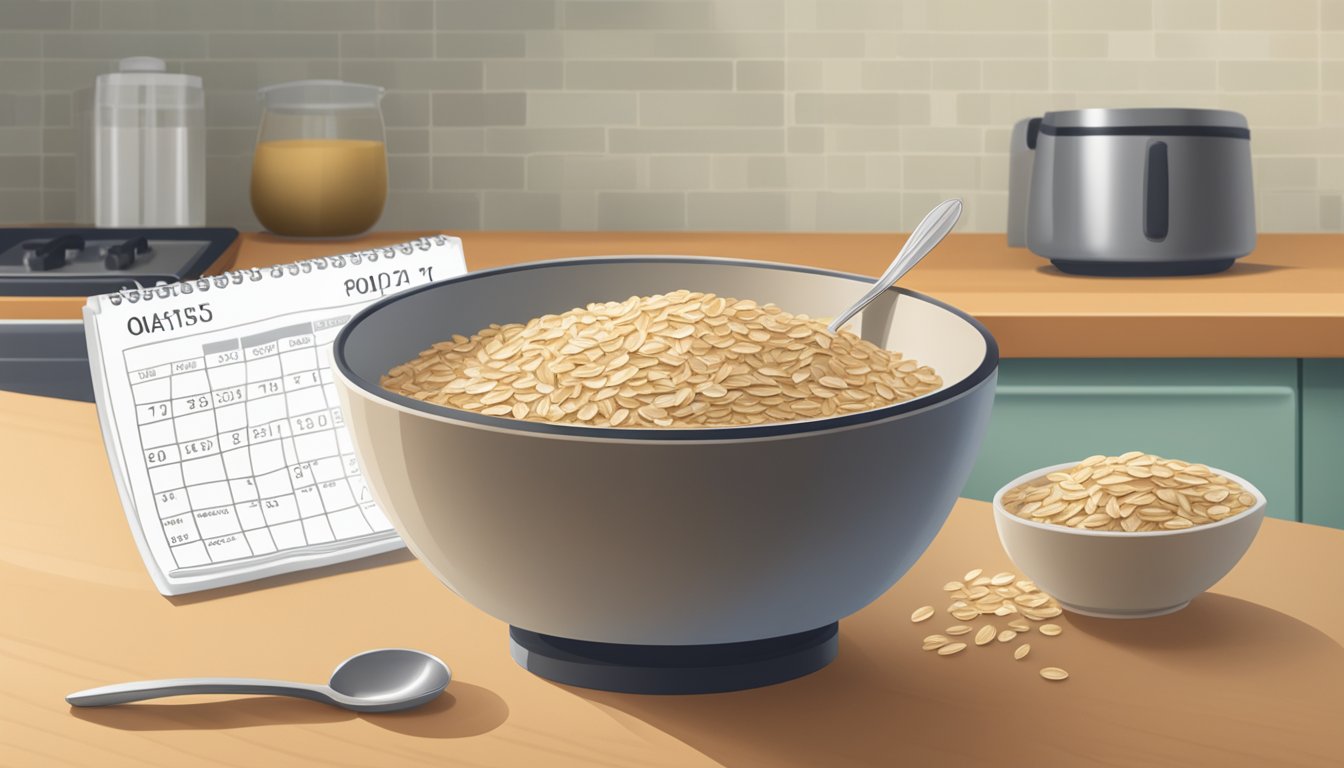 A bowl of quick oats sits on a kitchen counter, surrounded by a measuring cup and spoon. A calendar on the wall shows the current date