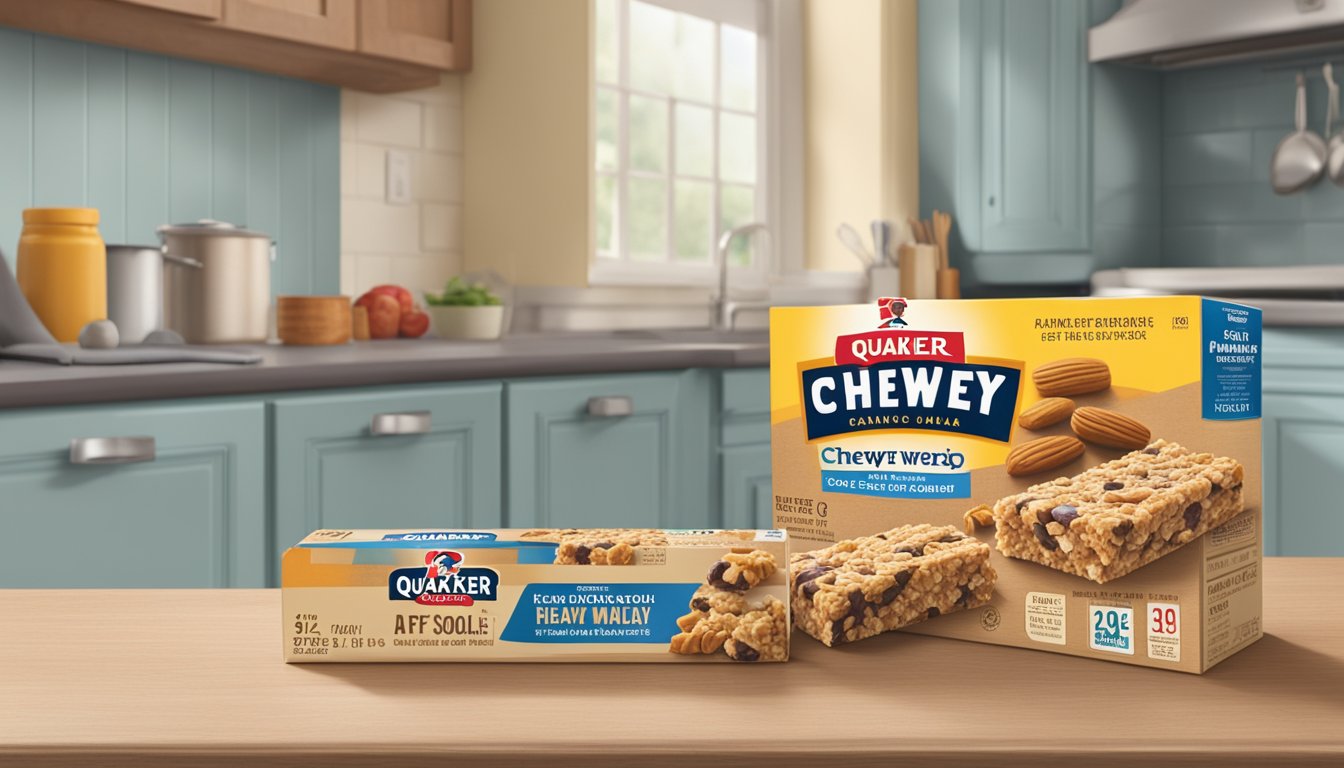 A box of Quaker Chewy Granola Bars sits on a kitchen counter, with a calendar on the wall showing the current date. Some of the bars are unwrapped and show signs of mold