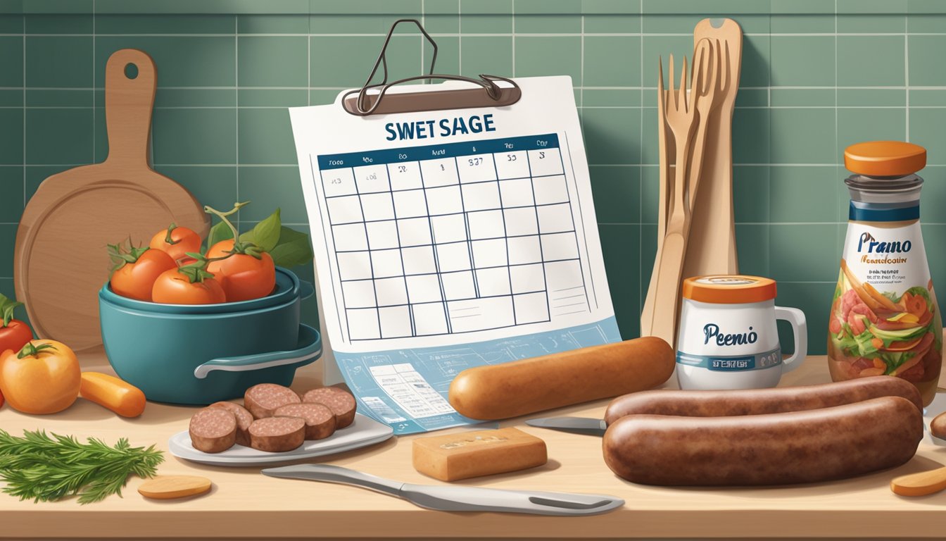 A package of Premio Sweet Italian Sausage sits on a kitchen counter, surrounded by various cooking utensils and a calendar with the current date circled