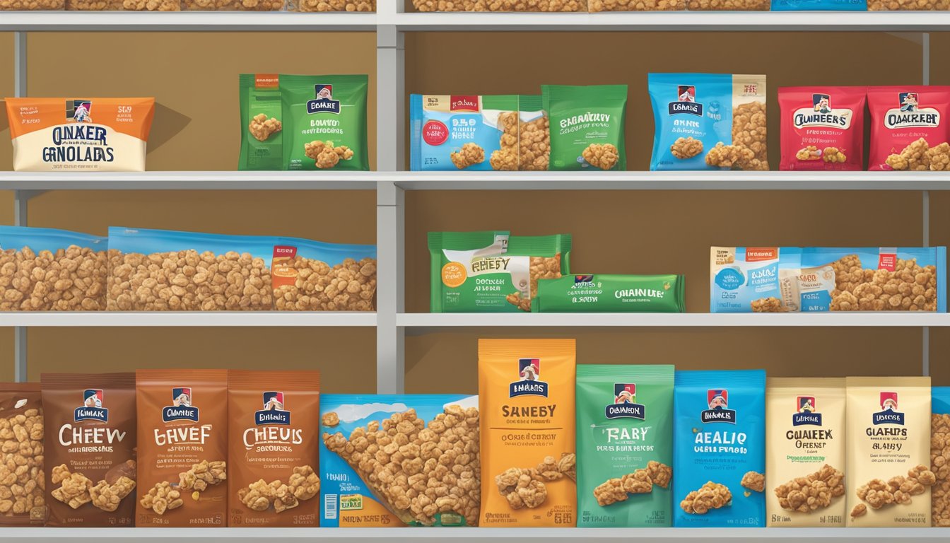 A pantry shelf with Quaker Chewy Granola Bars in their packaging, next to a calendar showing the expiration date