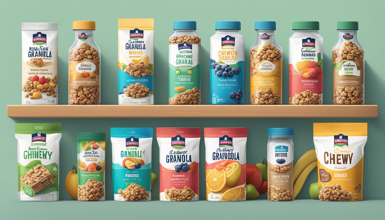 A pantry shelf filled with neatly stacked Quaker Chewy Granola Bars, surrounded by fresh fruits and airtight containers