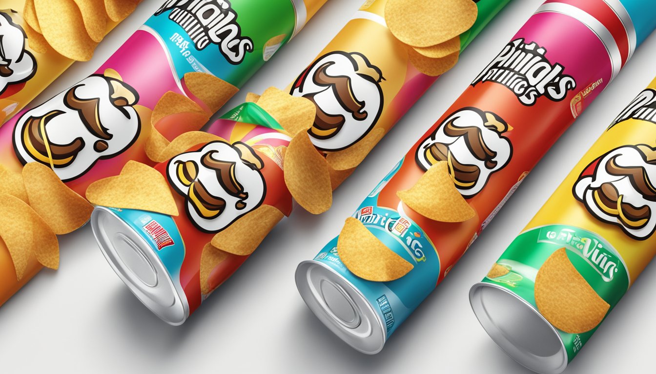 A stack of Pringles tubes arranged in a neat row, with one tube opened and chips spilling out onto a clean, white surface