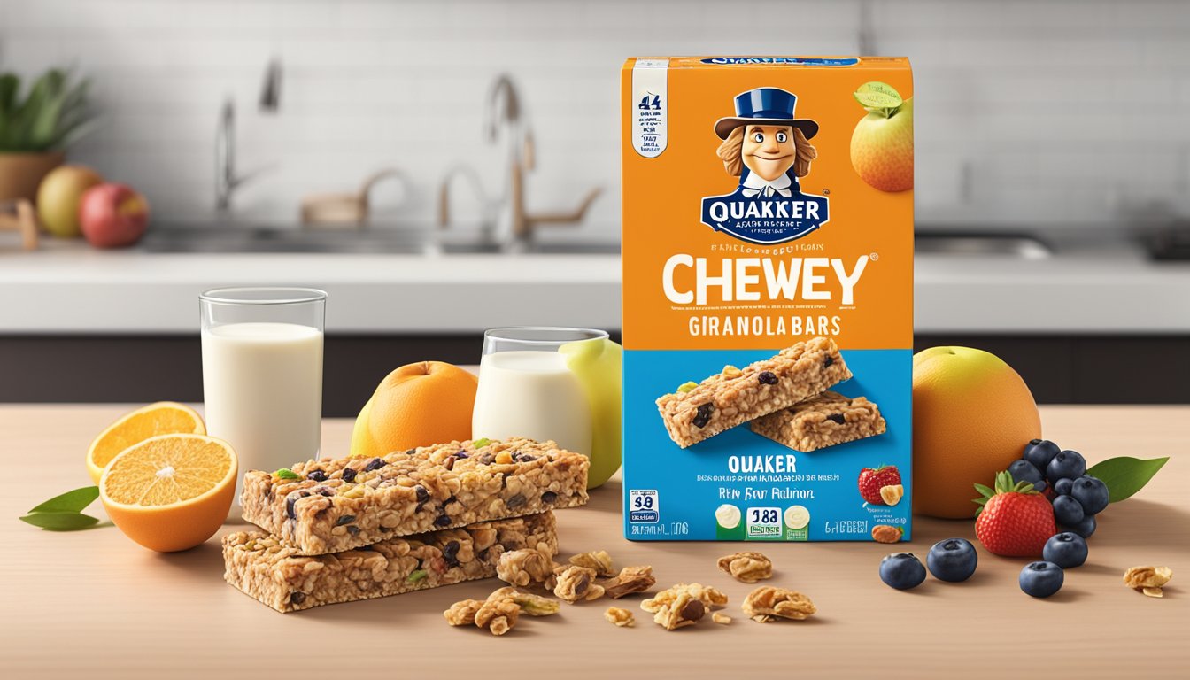 A box of Quaker Chewy Granola Bars sits on a kitchen counter, surrounded by various fruits and a glass of milk. The expiration date on the box is visible