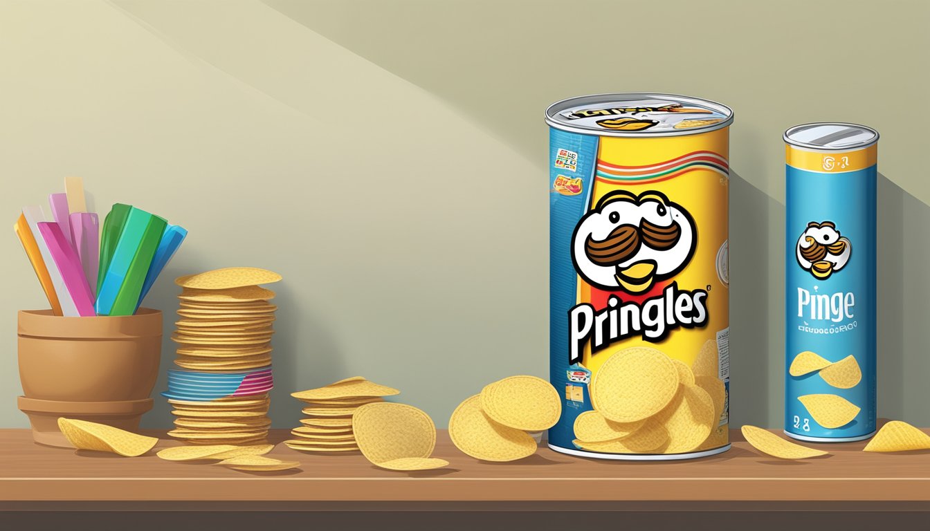 A stack of Pringles sits on a shelf, surrounded by a calendar and a clock, with a few chips scattered around to indicate time passing