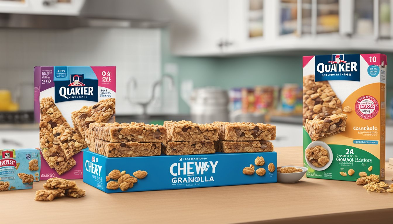 A box of Quaker Chewy Granola Bars sits on a kitchen counter, surrounded by various snacks and a calendar showing the current date