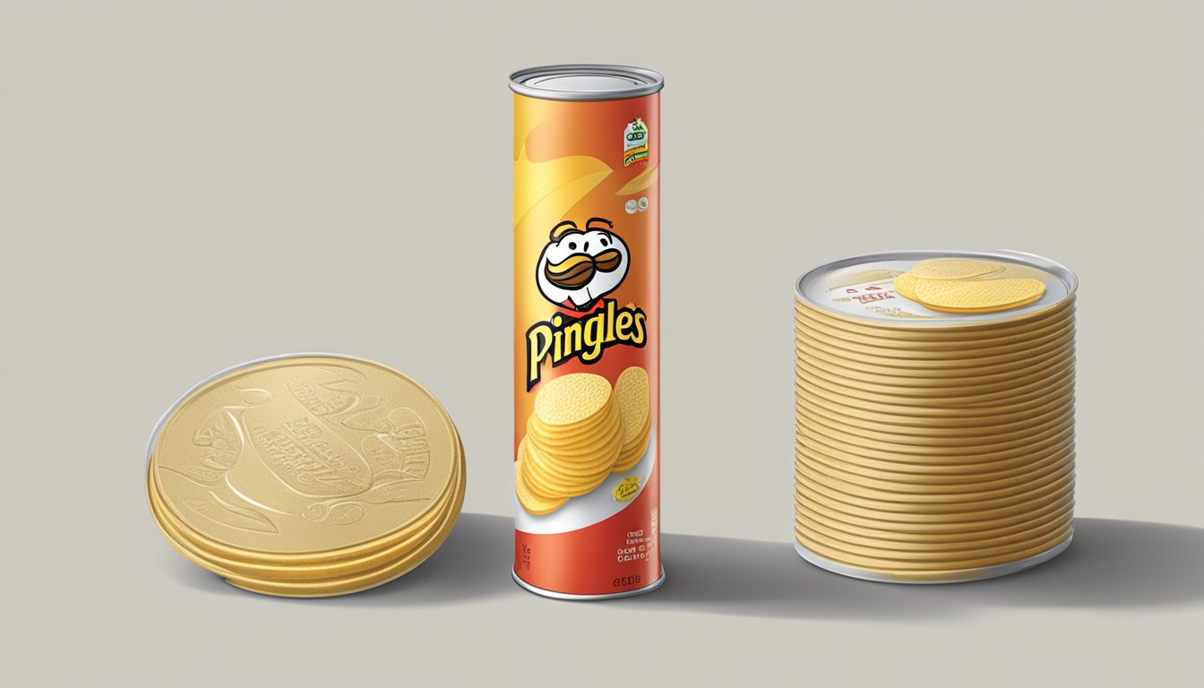 A stack of Pringles in a sealed container, with a "best before" date label visible